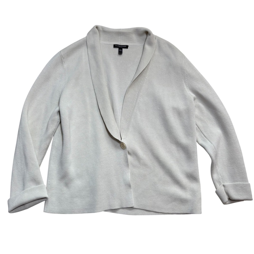EILEEN FISHER Cream Silk‎ Organic Cotton One Button Cardigan Sweater Med Petite - Picture 3 of 9